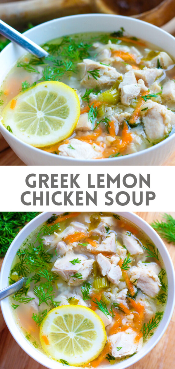 two photos with text overlay for recipe title: Greek Lemon Chicken Soup