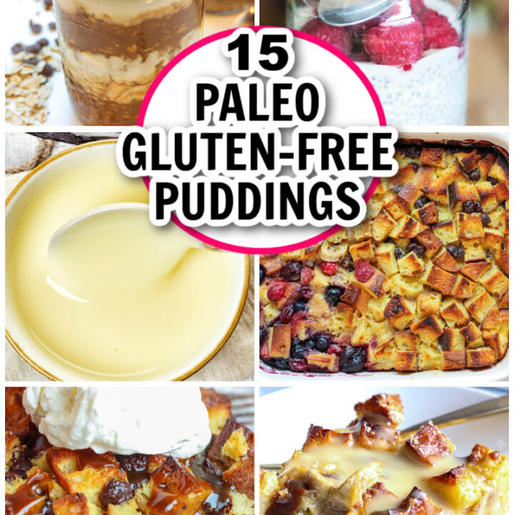 15 Paleo Gluten free Pudding Recipes overlay on 6 photo examples