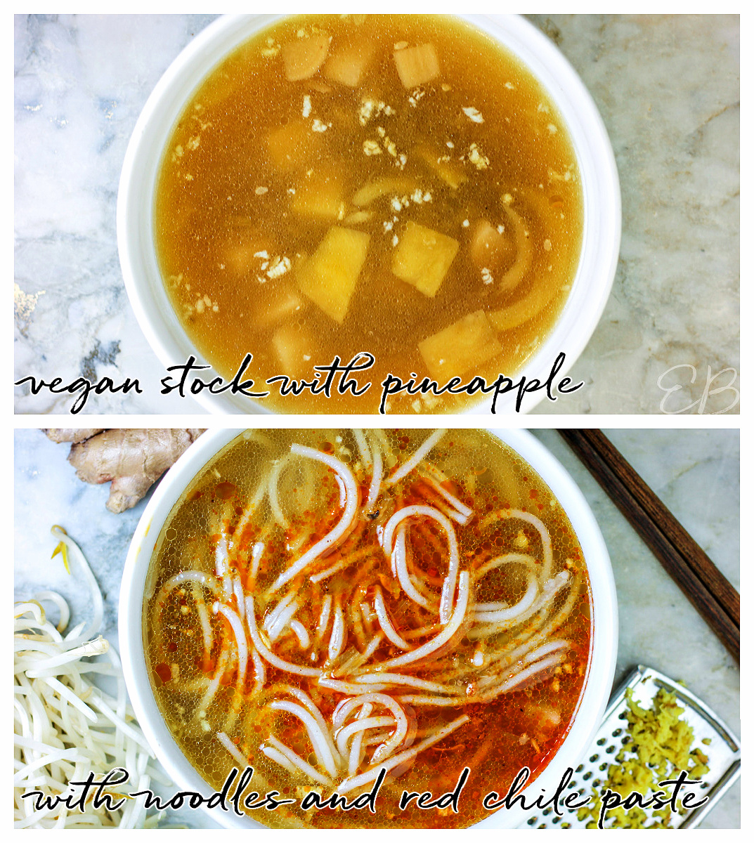 two stages of bun bo hue soup stock process