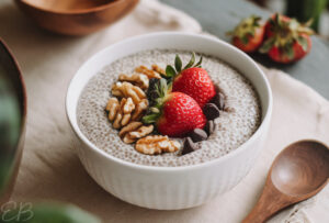 a bowl of chia pudding topped with fruit and nuts