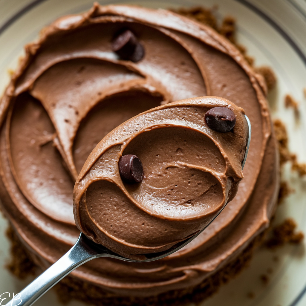 a spoonful of frosting in spoon with choc chips garnishing