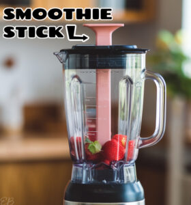 image shows a smoothie stick in a blender to show how to process extra thick smoothies, with label and arrow toward smoothie stick