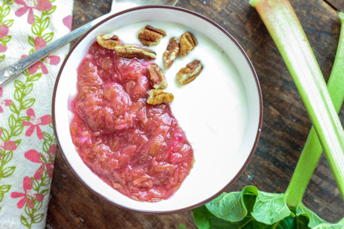 overhead view of rhubarb sauce on yogurt