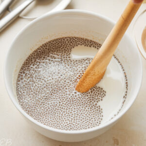 process photo of stirring together milk and chia seeds to make pudding