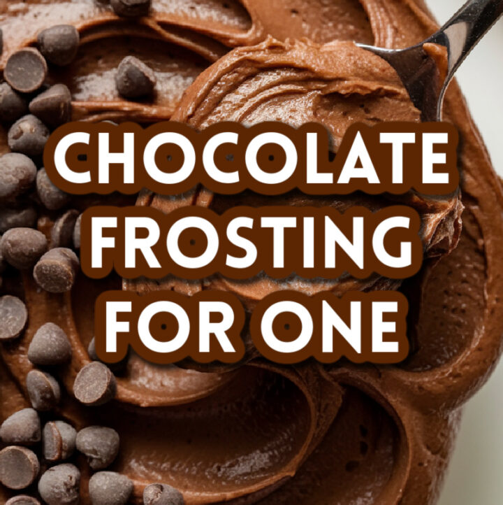 overhead view of chocolate frosting for one on spoon and sprinkled with chocolate chips, with text overlay of recipe title