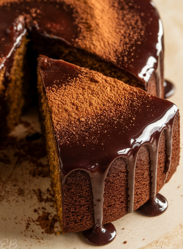 dark zucchini chocolate spice cake with one slice out, topped with warm ganache