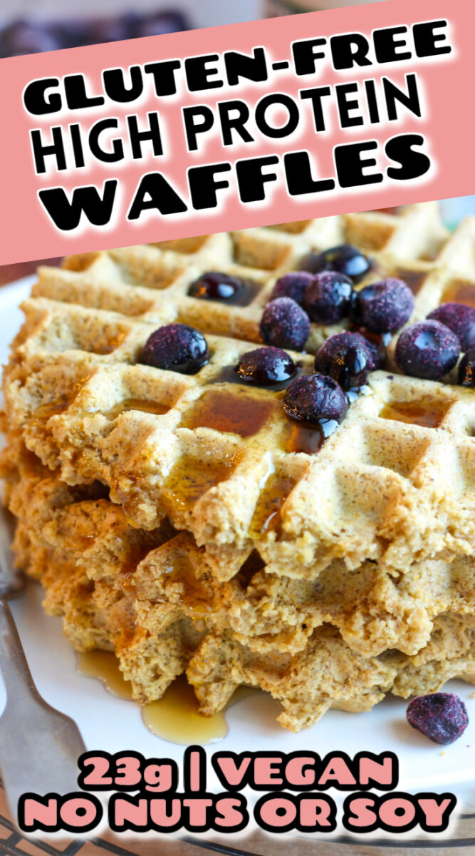 up close 3 stacked gluten free high protein waffles with title overlay