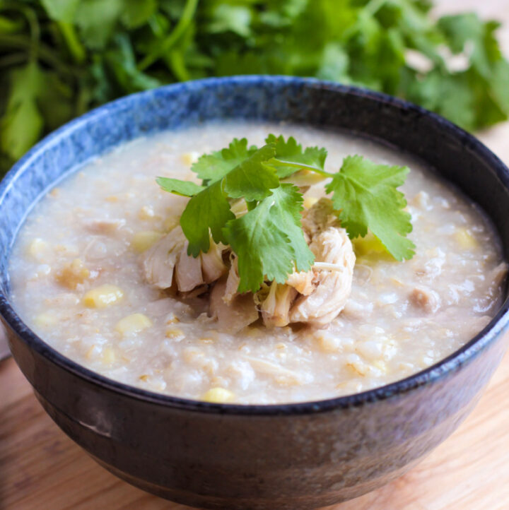 up close photo of healthiest congee in bowl topped with chicken and cilantro