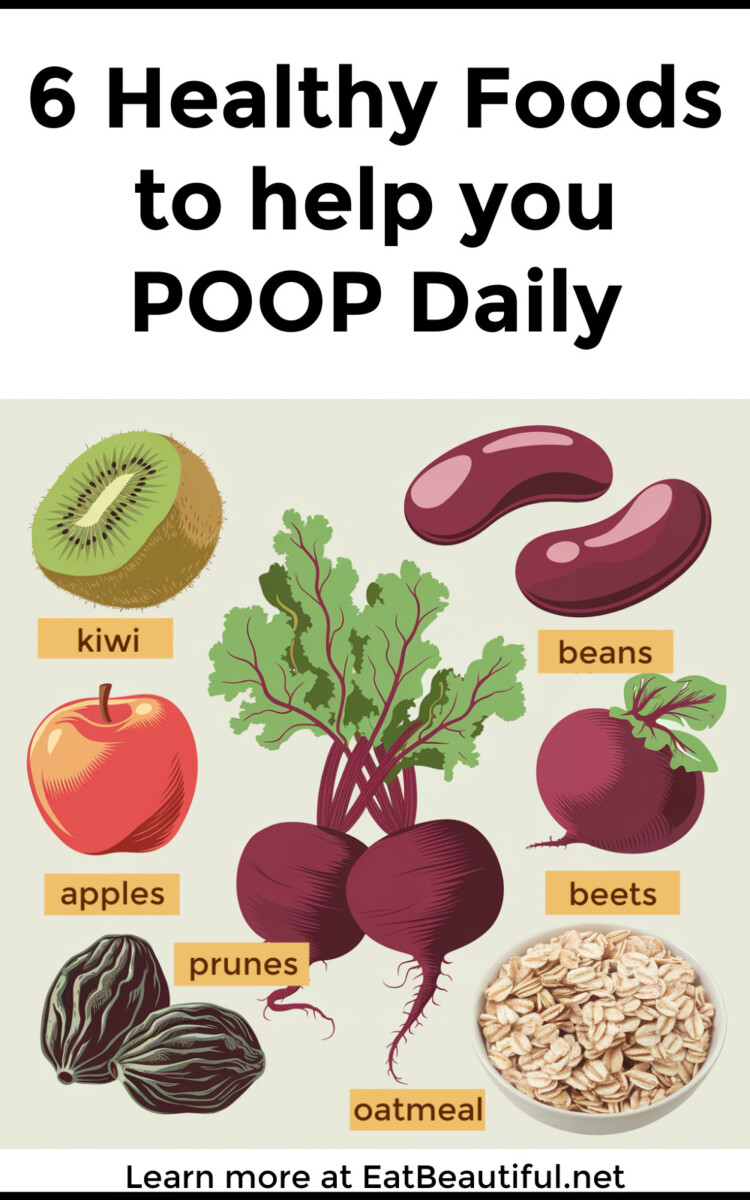 images of 5 foods that help with daily pooping with wording overlay: 6 Healthy Foods to Help You Poop Daily