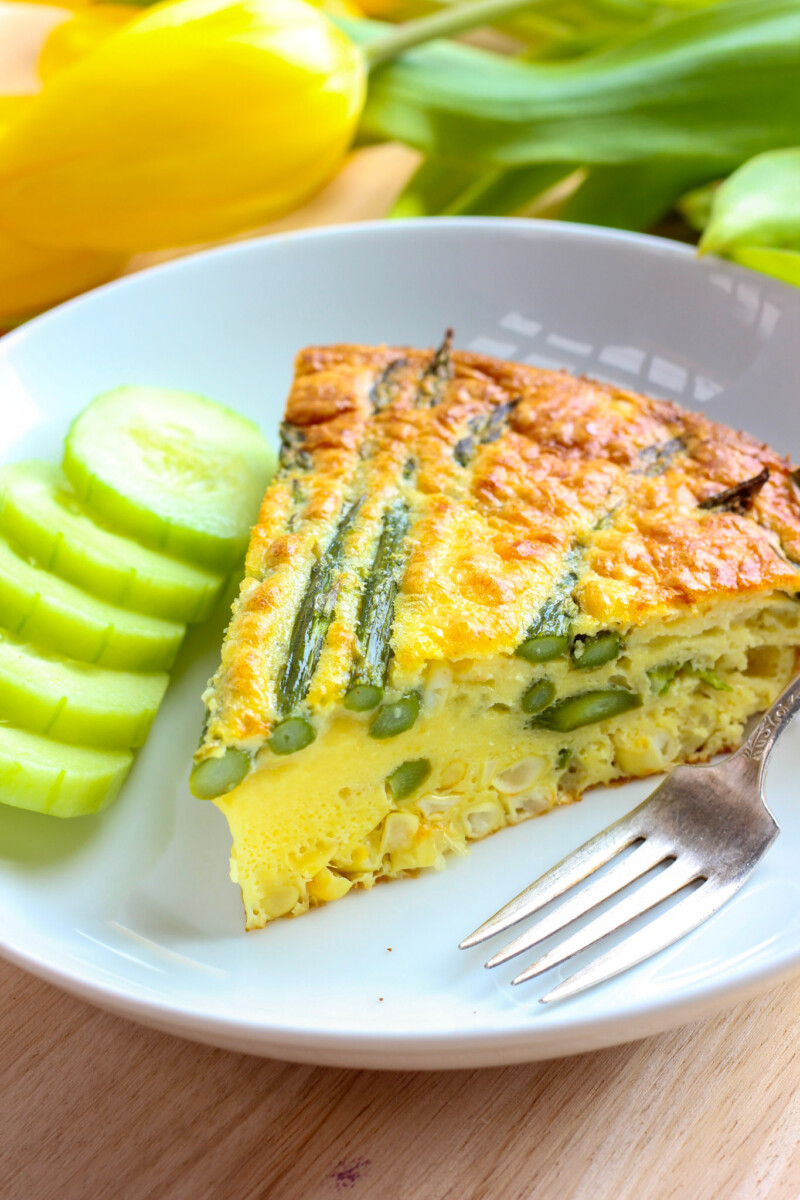 one slice of low oxalate quiche on white plate