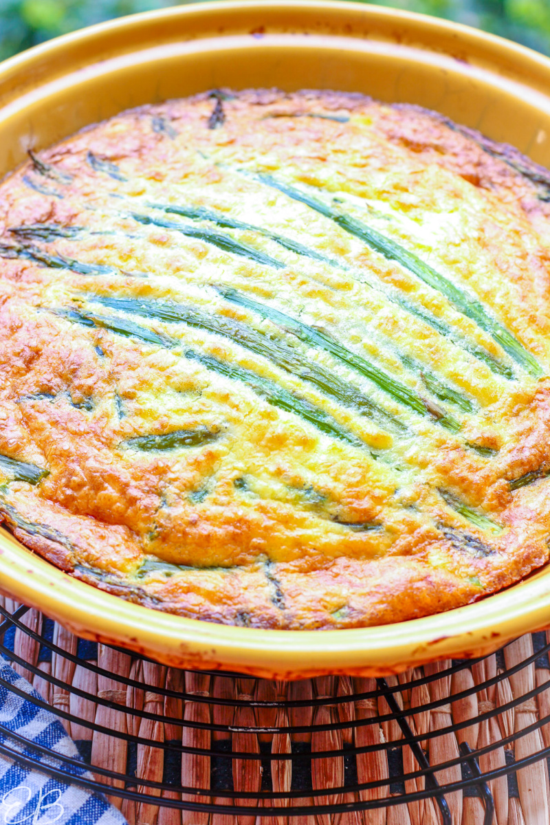 side angle view of super golden brown just baked low oxalate crustless quiche with roasted asparagus on the top