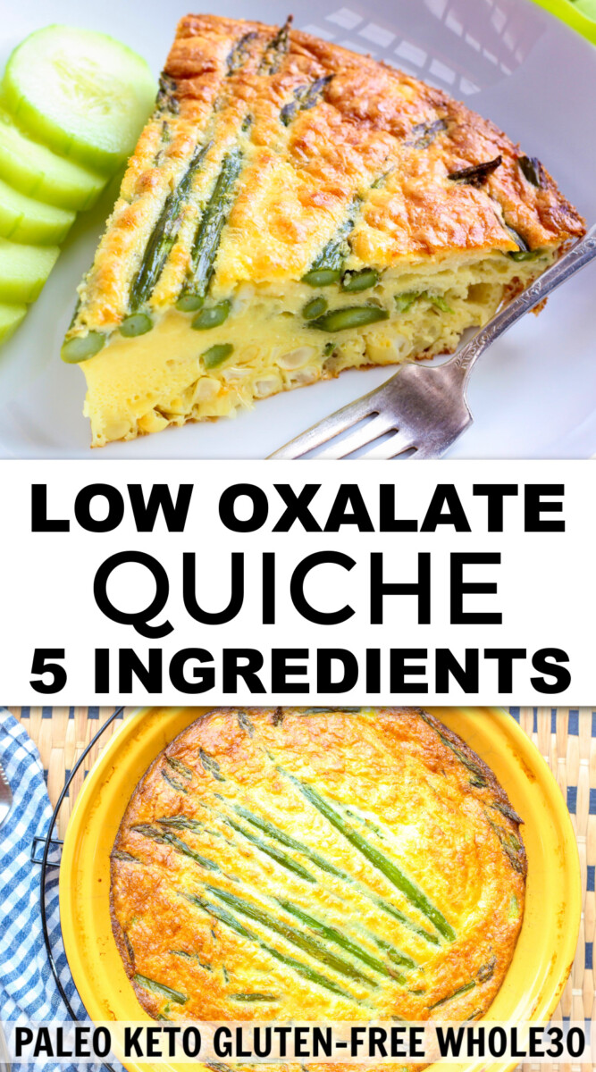 2 photos of low oxalate quiche, one of a slice served, and one of the whole quiche freshly baked