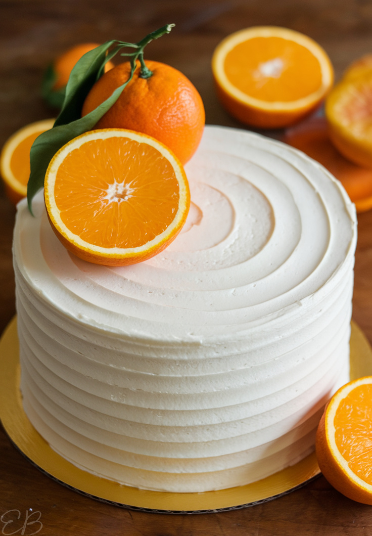 close up side angle view of paleo gluten free keto orange creamsicle cake decorated with frosting and fresh oranges
