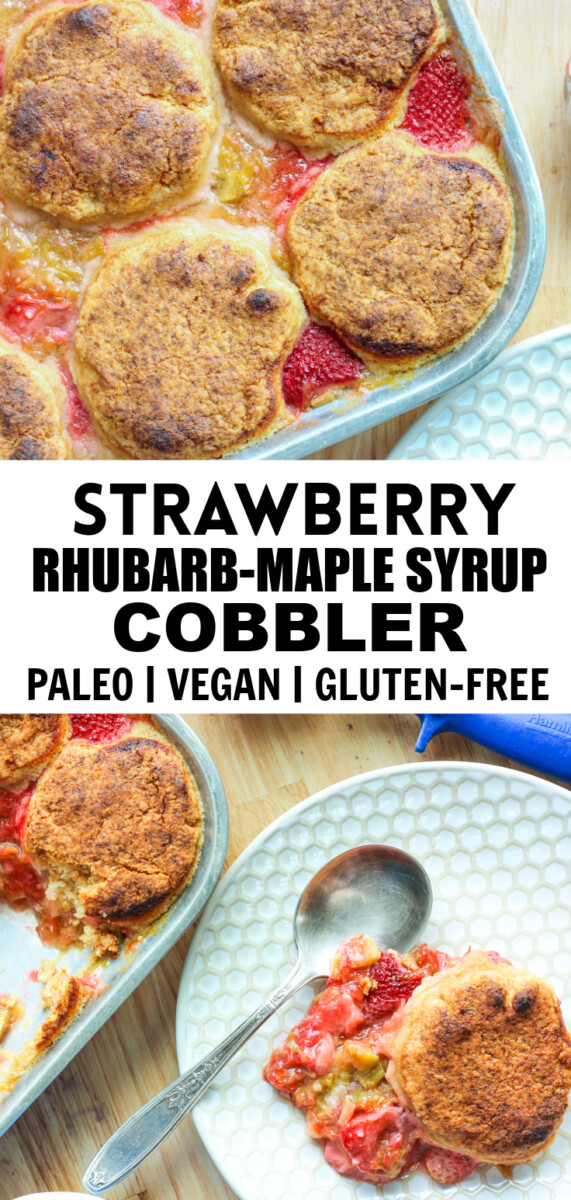 two overhead views of strawberry rhubarb cobbler with recipe title overlay