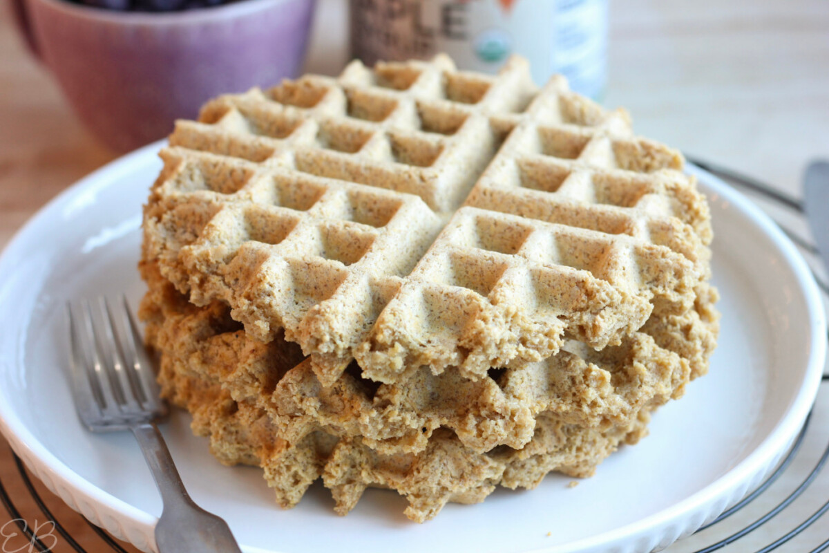 plain stacked super high protein waffles on white plate
