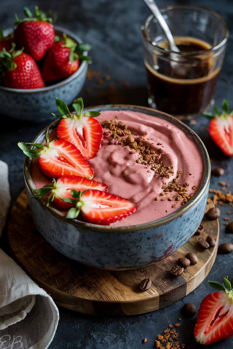 fruit and coffee breakfast smoothie bowl topped with sliced fresh strawberries and coffee grounds