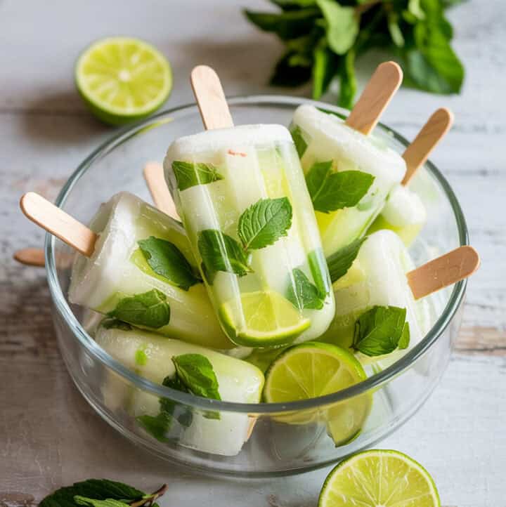 a bowl of layered mojito popsicles