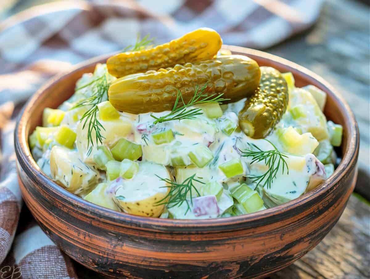 whole30 dill pickle salad garnished with small whole pickles and fresh dill