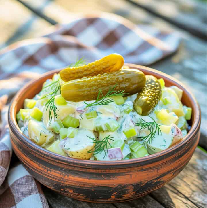 side angle view of whole30 dill pickle potato salad in clay bowl