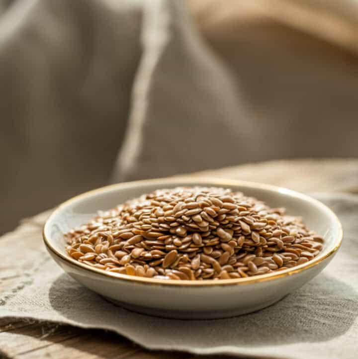 dish of flax seeds on stool