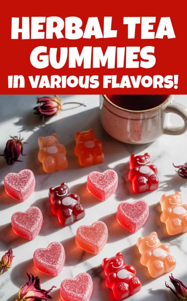 gummy bears and hearts made from herbal teas, and hibiscus flowers, with cup of tea and text overlay: Herbal Tea Gummies