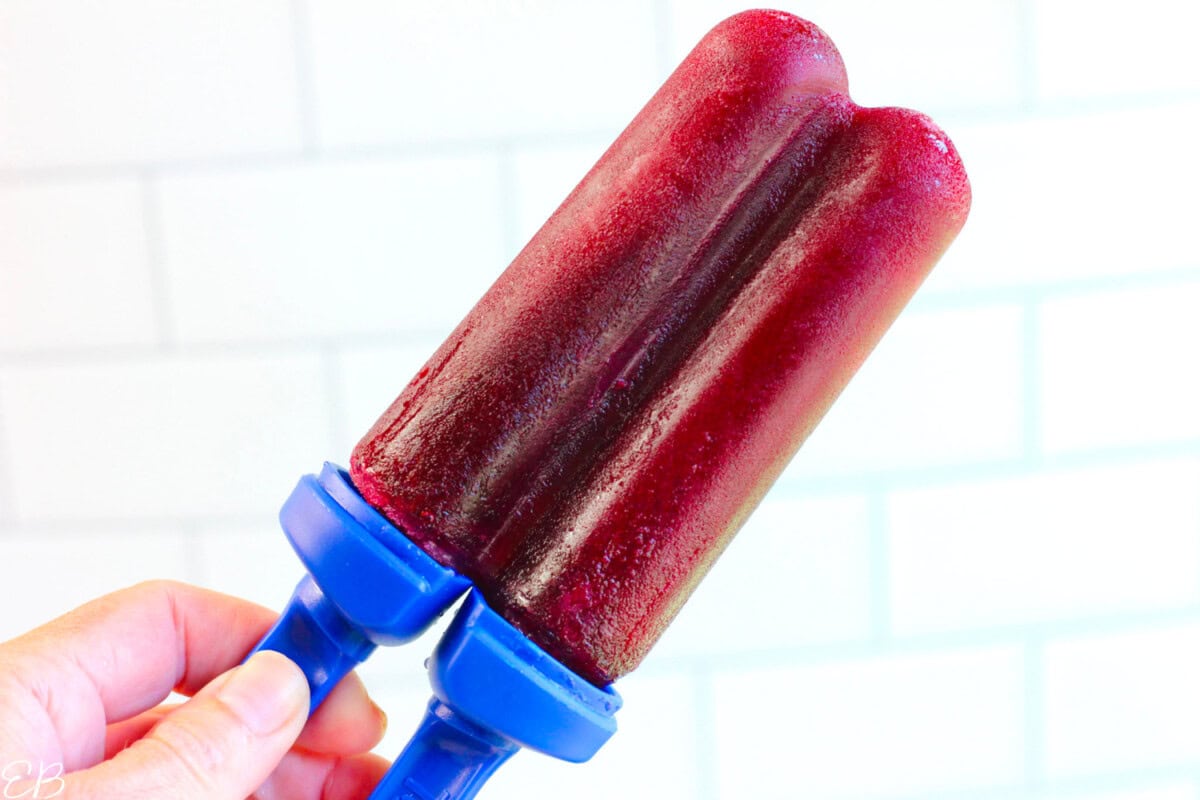 holding up a concord grape juice popsicle at an angle