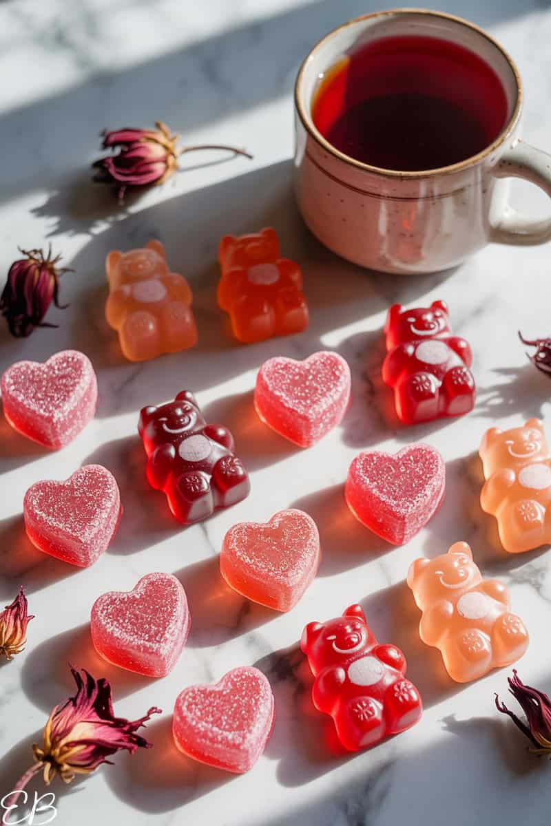herbal tea gummies lined up on a marble surface, in flavors of hibiscus and rose