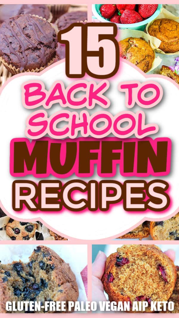 6 muffin photos showing from behind text overlay: 15 back to school muffin recipes