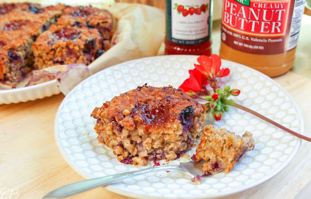 close up square of baked peanut butter and jelly oatmeal