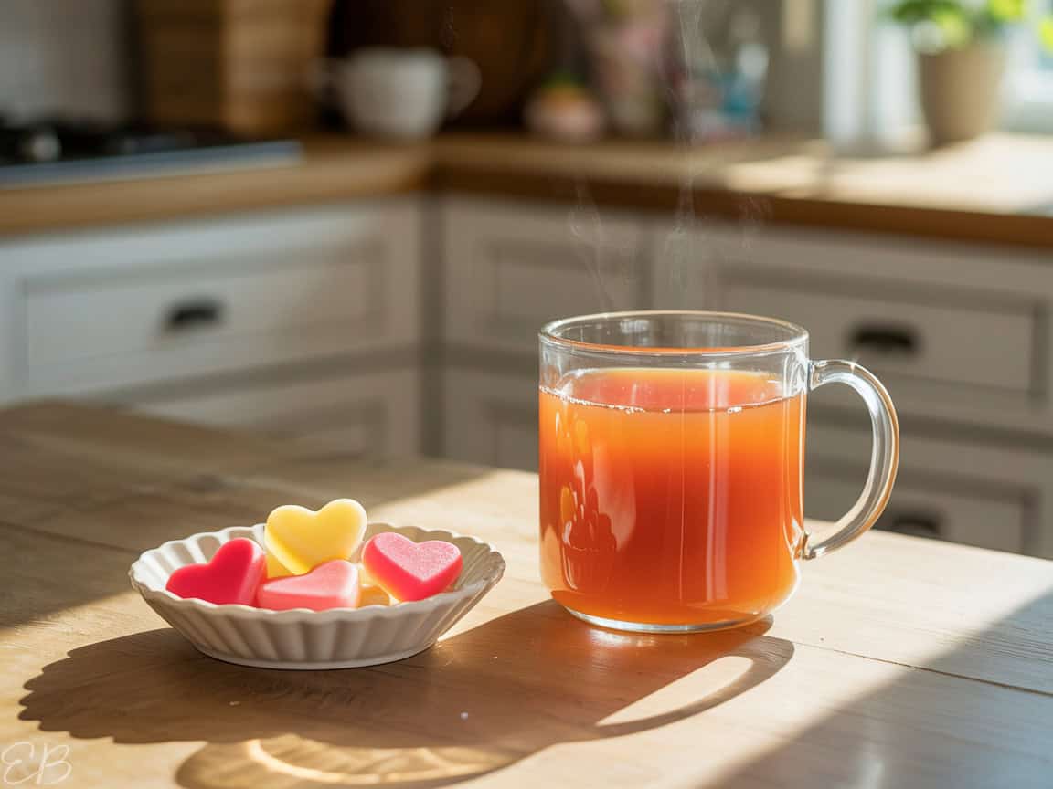 a dish of gelatin gummies and a mug of bone broth