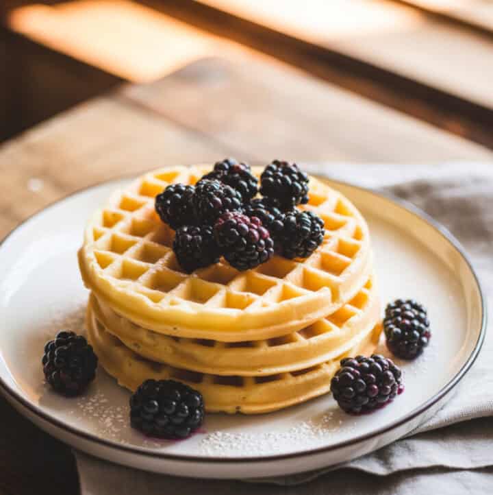 three stacked gluten free vegan oat flour waffles garnished with fresh blackberries on white plate