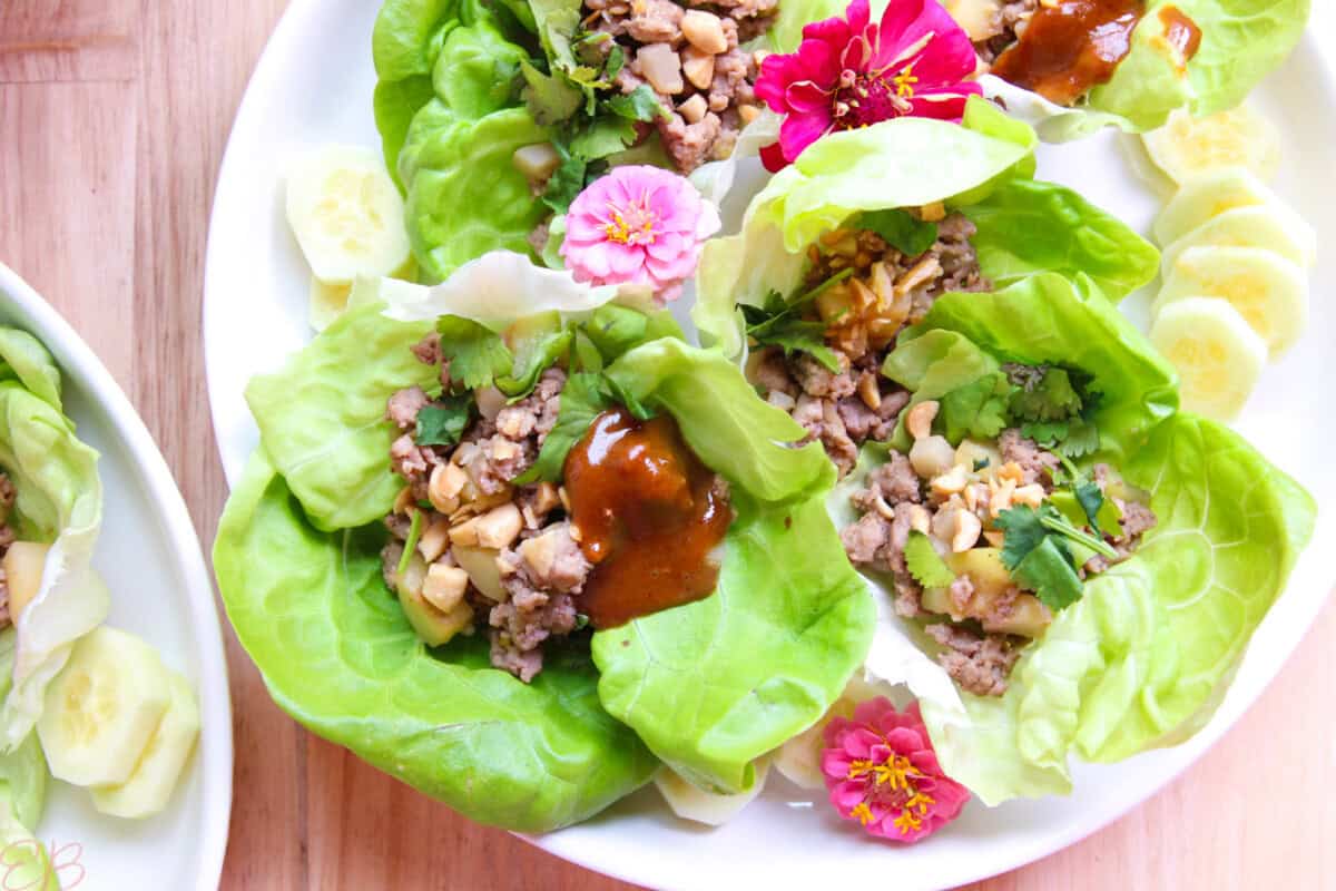 overhead view of Asian Ground Turkey Lettuce Wraps on white plate