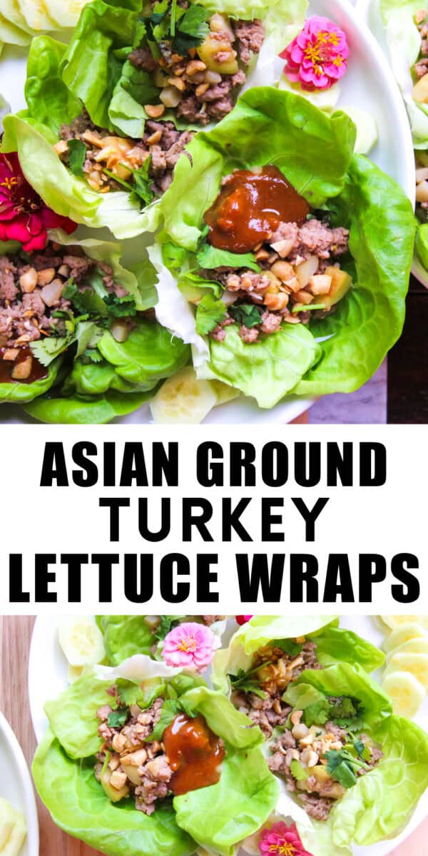 two photos of Asian Ground Turkey Lettuce Wraps with recipe title overlay