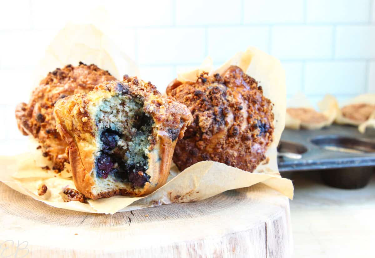 gluten free protein cottage cheese muffin with blueberries, cut open to see the inside