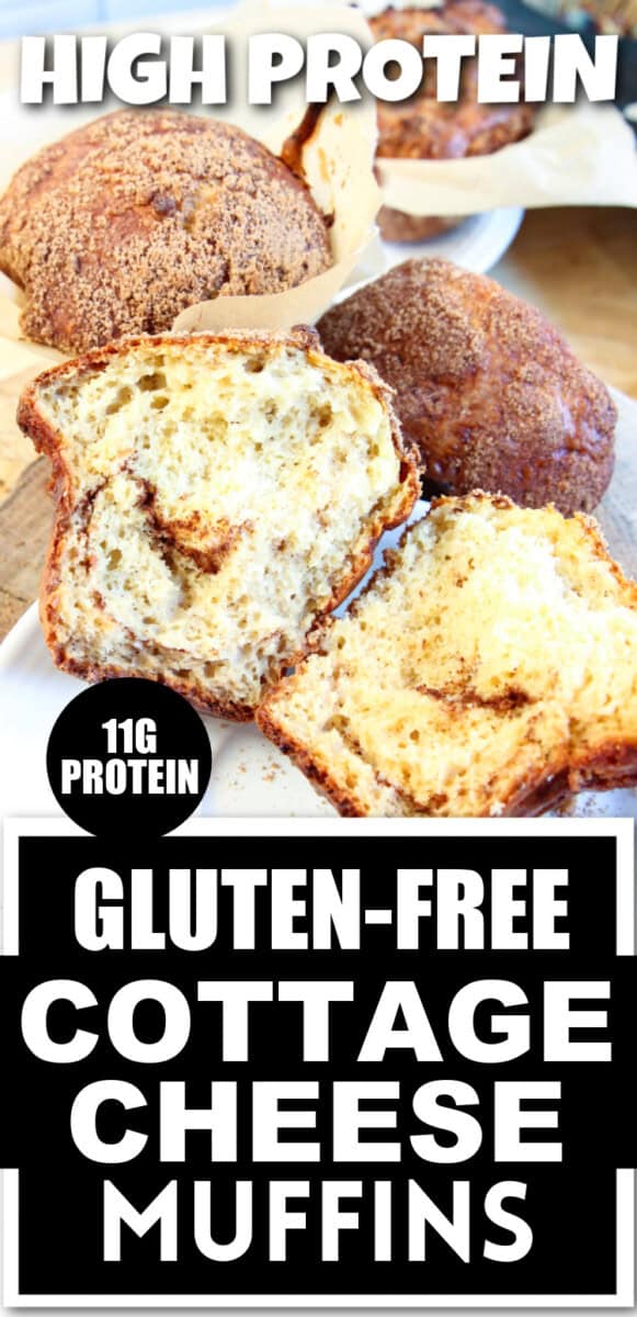 a split open gluten free cottage cheese muffin with recipe title overlay
