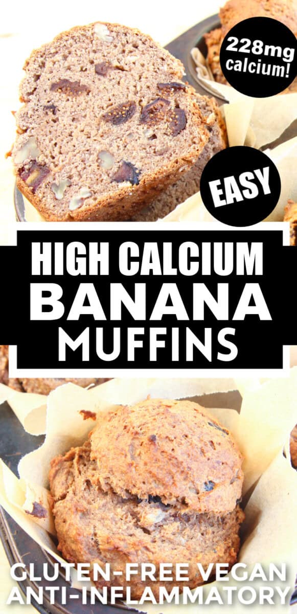 two photos of high calcium gluten free vegan banana muffins with recipe title overlay