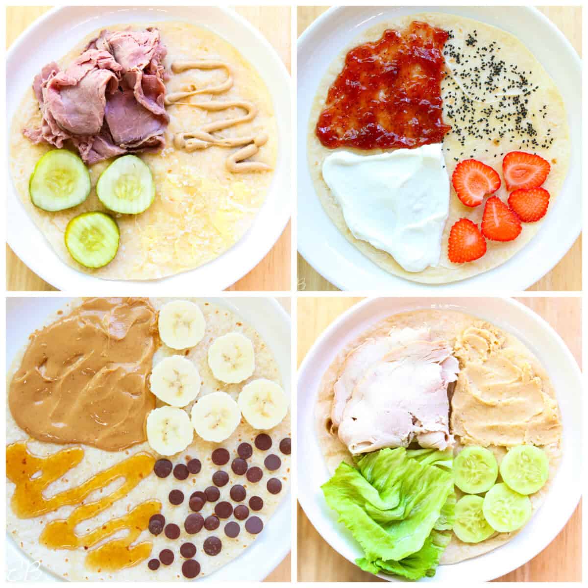 overhead view of 4 kinds of gluten-free wrap sandwiches before they're folded