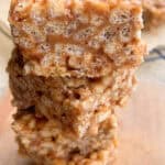 very up close photo of stacked brown rice crispy treats that are gluten free and vegan