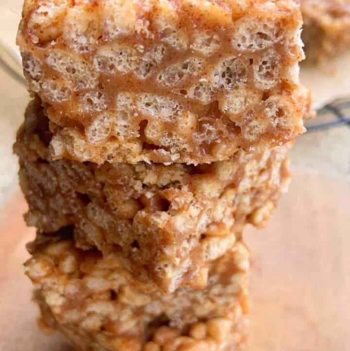 very up close photo of stacked brown rice crispy treats that are gluten free and vegan