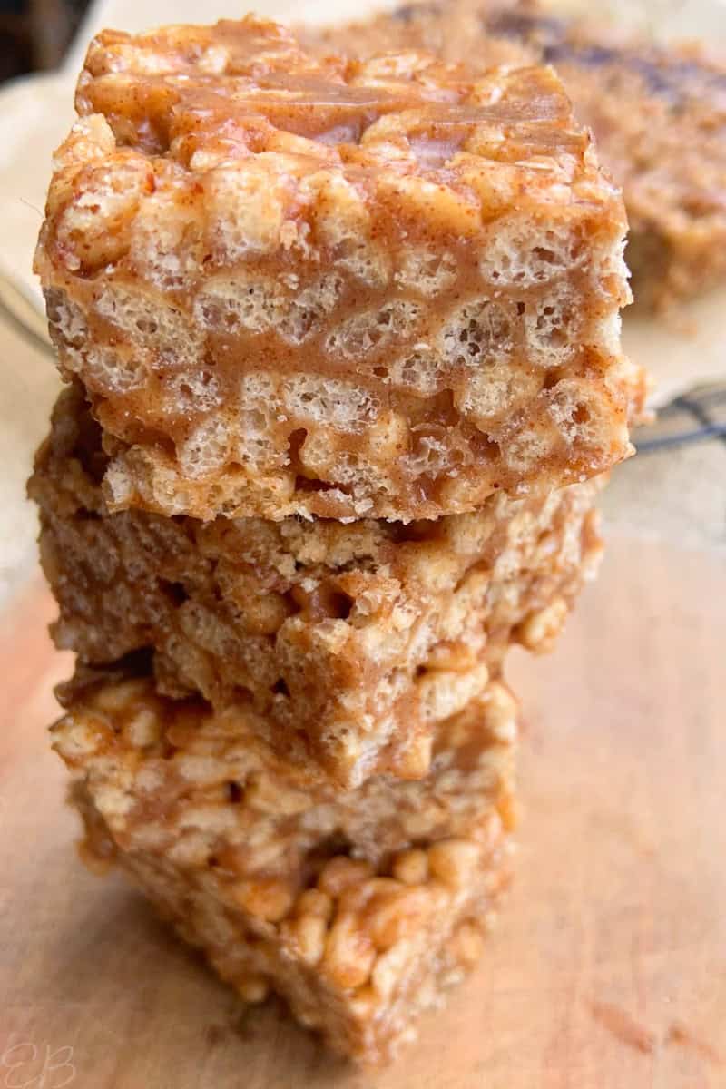 very up close photo of stacked brown rice crispy treats that are gluten free and vegan