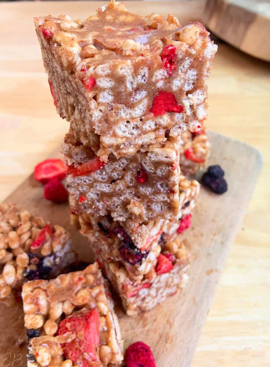 mixed berry brown rice crispy treats stacked