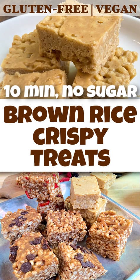 5 kinds of brown rice crispy treats with recipe title overlay: 10 minutes, no sugar, Brown Rice Crispy Treats
