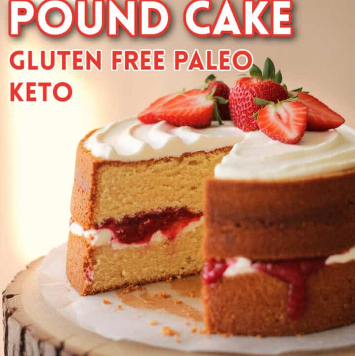 cocoa butter pound cake made into a layer cake, with recipe title and text overlay: Gluten free, Paleo, Keto, nut free, flourless