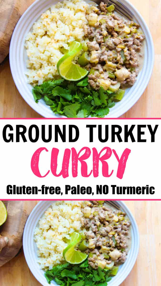 Ground Turkey Curry text overlay with two photos of the anti inflammatory dinner on white plate