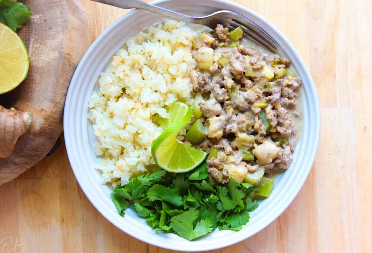 up close overhead view of ground turkey curry
