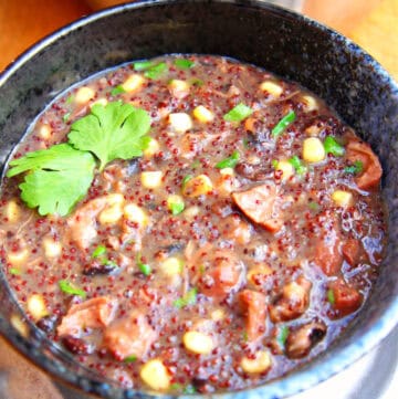 side angle view of high calcium beef stew with beans and finger millet, garnished with fresh cilantro