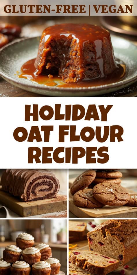 5 photos showing holiday oat flour baked goods with recipe title overlay that includes Gluten free and Vegan