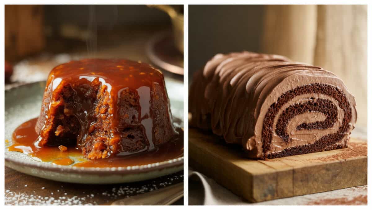 sticky toffee pudding and a yule log both made with oat flour