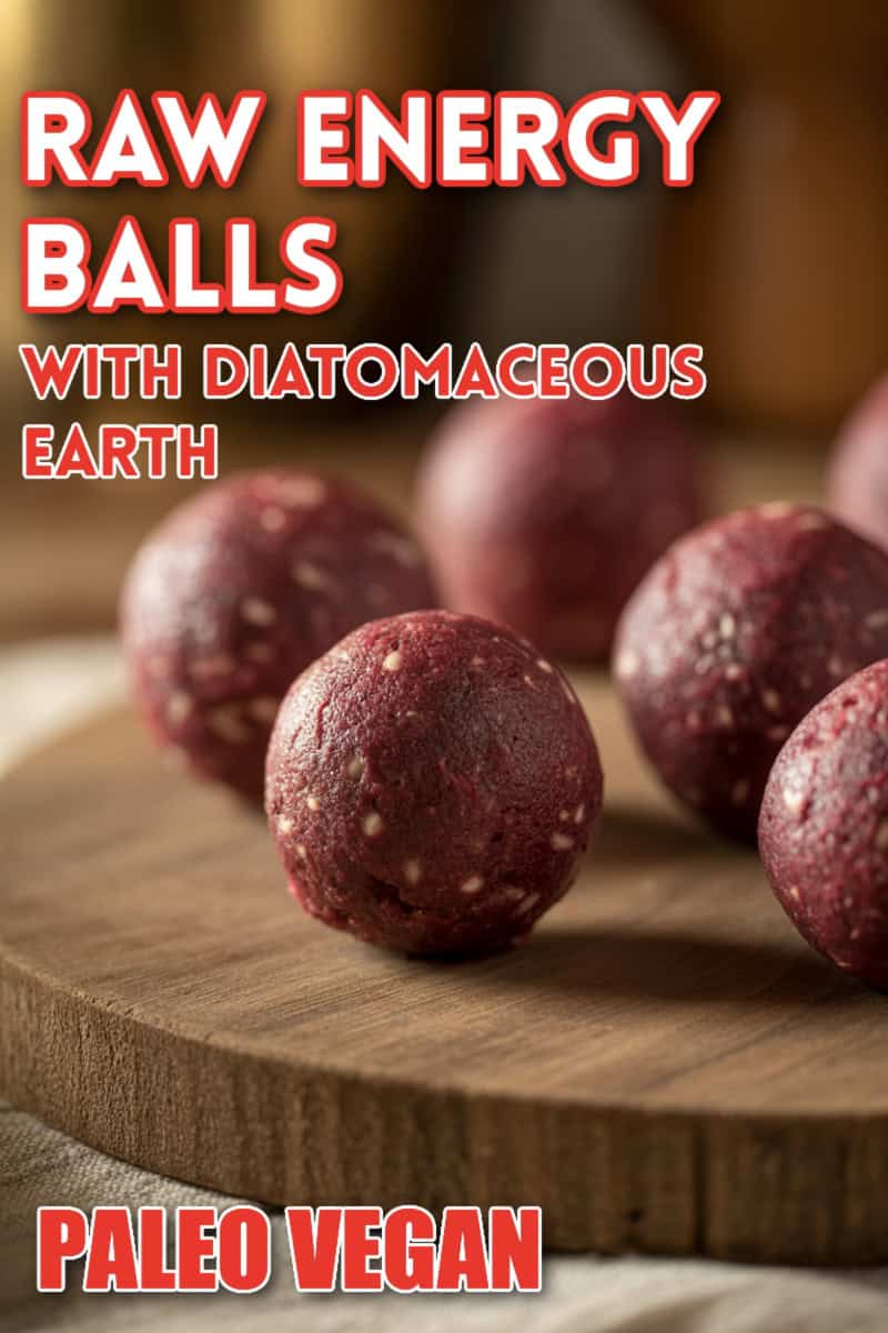 Raw Energy Balls with Diatomaceous Earth lined up on wooden tray