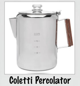 The Coletti Percolator with the percolator (carafe variation) name overlay